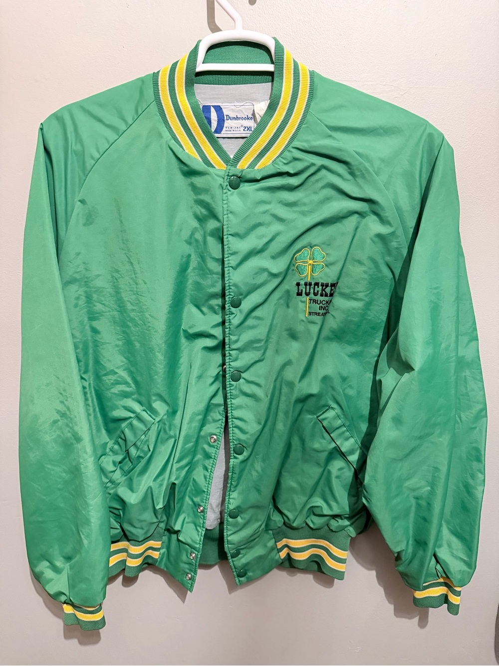 Vintage Dunbrooke Green Satin Bomber Jacket with Yellow & White Trim
